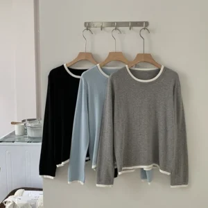 100% Cotton Women O-neck Color blocking long sleeved shirt plus size clearance sale luxury brands high quality