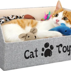 Large Collapsible Cat Toy Box with Storage Bed, Organizes Toys Treats Clothes Accessories in Grey