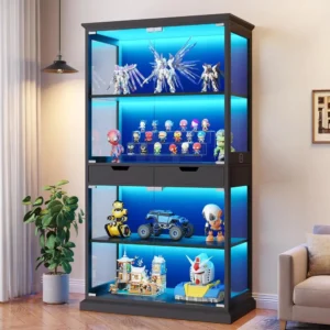 68 Tall Glass Display Cabinet with RGB Lights, 4-Tier, Human Body Sensor for Living/Gaming Room (Black)