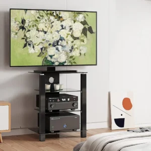 4-Tier AV Media Cabinet Stand AS406003GB, Gaming TV Stand Stereo Rack Audio Tower with Height Adjustable Tempered Glass Shelves