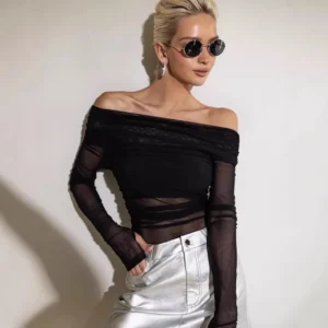 Women Mesh Off Shoulder Top Sheer Long Sleeve Ruched Blouse Bodycon Slim Fit Going Out Clubwear Crop Top for Party Y2k Clothes